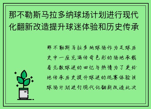 那不勒斯马拉多纳球场计划进行现代化翻新改造提升球迷体验和历史传承