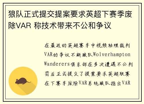 狼队正式提交提案要求英超下赛季废除VAR 称技术带来不公和争议